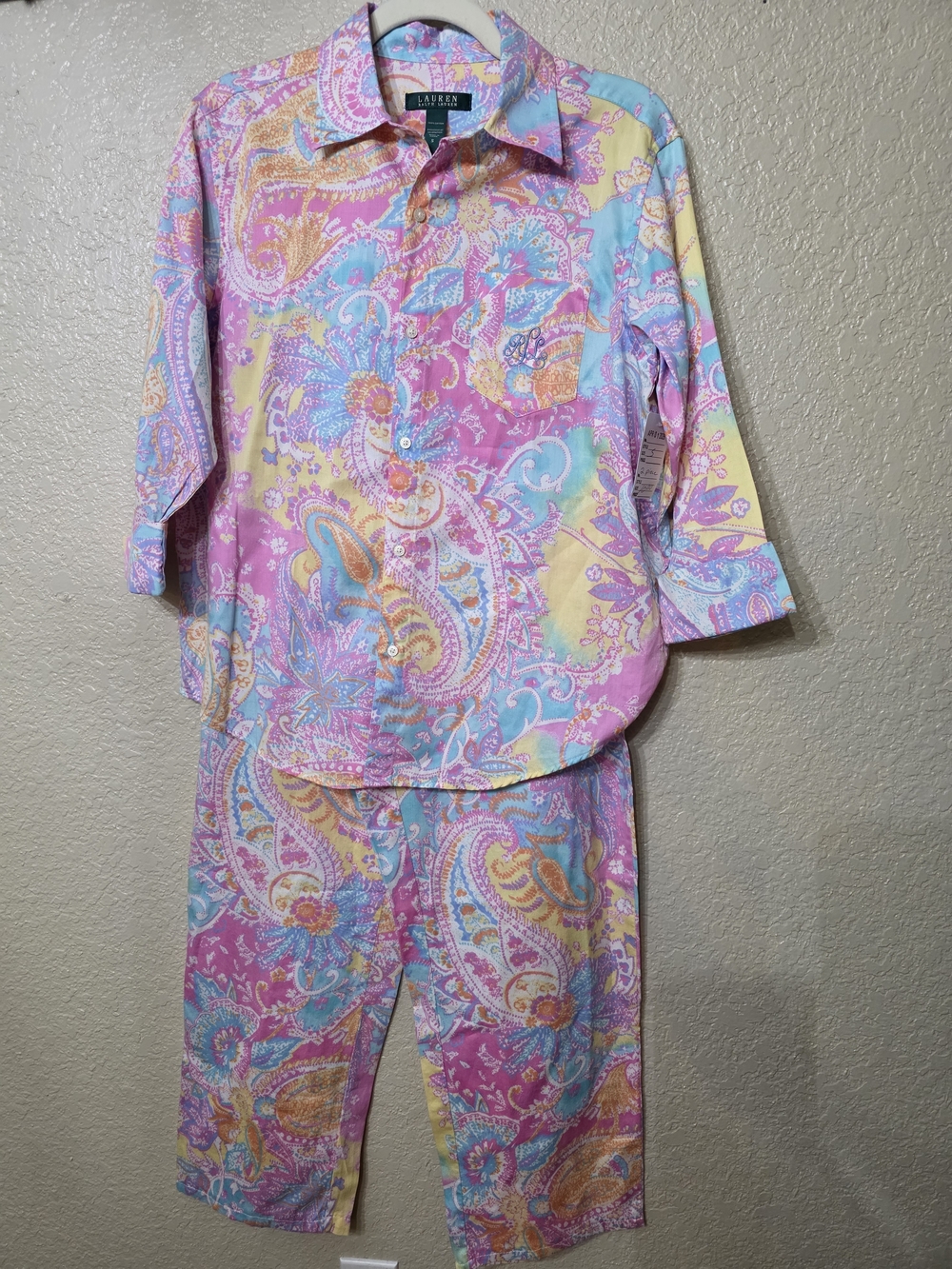 Ralph Lauren Womens Pastel Paisley Two-Piece Pajama Set - Pink Blue Yellow